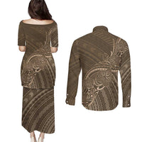 Brown Polynesia Plumeria Tattoo Couples Matching Puletasi and Long Sleeve Button Shirt LT14 - Polynesian Pride