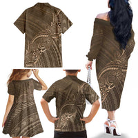 Brown Polynesia Plumeria Tattoo Family Matching Off The Shoulder Long Sleeve Dress and Hawaiian Shirt