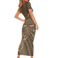 Brown Polynesia Plumeria Tattoo Family Matching Short Sleeve Bodycon Dress and Hawaiian Shirt