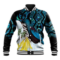 New Zealand Silver Fern Tui Bird Baseball Jacket Maori Kowhai Paua Shell Taniko Motifs LT14 Unisex Turquoise - Polynesian Pride