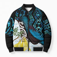 New Zealand Silver Fern Tui Bird Bomber Puffer Jacket Maori Kowhai Paua Shell Taniko Motifs LT14 Unisex Turquoise - Polynesian Pride