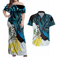 New Zealand Silver Fern Tui Bird Couples Matching Off Shoulder Maxi Dress and Hawaiian Shirt Maori Kowhai Paua Shell Taniko Motifs LT14 Turquoise - Polynesian Pride