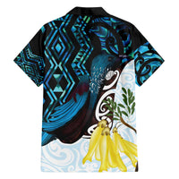 New Zealand Silver Fern Tui Bird Family Matching Off The Shoulder Long Sleeve Dress and Hawaiian Shirt Maori Kowhai Paua Shell Taniko Motifs