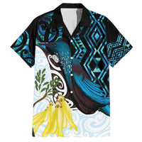 New Zealand Silver Fern Tui Bird Family Matching Puletasi and Hawaiian Shirt Maori Kowhai Paua Shell Taniko Motifs LT14 Dad's Shirt - Short Sleeve Turquoise - Polynesian Pride