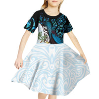 New Zealand Silver Fern Tui Bird Kid Short Sleeve Dress Maori Kowhai Paua Shell Taniko Motifs