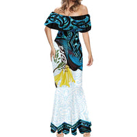 New Zealand Silver Fern Tui Bird Mermaid Dress Maori Kowhai Paua Shell Taniko Motifs