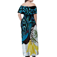 New Zealand Silver Fern Tui Bird Off Shoulder Maxi Dress Maori Kowhai Paua Shell Taniko Motifs