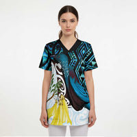 New Zealand Silver Fern Tui Bird Scrub Top Maori Kowhai Paua Shell Taniko Motifs - Polynesian Pride