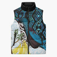 New Zealand Silver Fern Tui Bird Sleeveless Puffer Jacket Maori Kowhai Paua Shell Taniko Motifs LT14 Unisex Turquoise - Polynesian Pride