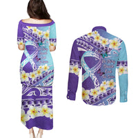 No Story Should End Too Soon Suicide Awareness Couples Matching Puletasi and Long Sleeve Button Shirt Purple And Teal Polynesian Ribbon