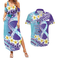 No Story Should End Too Soon Suicide Awareness Couples Matching Summer Maxi Dress and Hawaiian Shirt Purple And Teal Polynesian Ribbon
