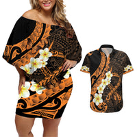 Liver Cancer Awareness Month Couples Matching Off Shoulder Short Dress and Hawaiian Shirt Awareness Is Key Orange Polynesian Ribbon