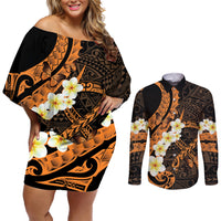 Liver Cancer Awareness Month Couples Matching Off Shoulder Short Dress and Long Sleeve Button Shirt Awareness Is Key Orange Polynesian Ribbon