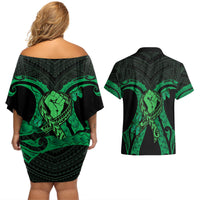 ADHD Awareness Month You Matter Couples Matching Off Shoulder Short Dress and Hawaiian Shirt Green Polynesian Ribbon