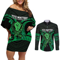 ADHD Awareness Month You Matter Couples Matching Off Shoulder Short Dress and Long Sleeve Button Shirt Green Polynesian Ribbon LT14 Green - Polynesian Pride