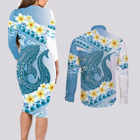 Blue Hawaii Shark Tattoo Couples Matching Long Sleeve Bodycon Dress and Long Sleeve Button Shirt Frangipani With Polynesian Pastel Version LT14 - Polynesian Pride