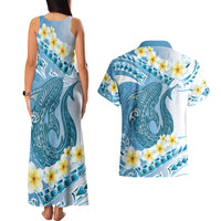 Blue Hawaii Shark Tattoo Couples Matching Tank Maxi Dress and Hawaiian Shirt Frangipani With Polynesian Pastel Version LT14 - Polynesian Pride