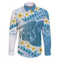 Blue Hawaii Shark Tattoo Family Matching Mermaid Dress and Hawaiian Shirt Frangipani With Polynesian Pastel Version LT14 Dad's Shirt - Long Sleeve Blue - Polynesian Pride