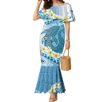Blue Hawaii Shark Tattoo Family Matching Mermaid Dress and Hawaiian Shirt Frangipani With Polynesian Pastel Version LT14 Mom's Dress Blue - Polynesian Pride