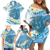 Blue Hawaii Shark Tattoo Family Matching Off Shoulder Short Dress and Hawaiian Shirt Frangipani With Polynesian Pastel Version