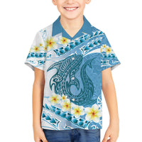 Blue Hawaii Shark Tattoo Family Matching Puletasi and Hawaiian Shirt Frangipani With Polynesian Pastel Version LT14 Son's Shirt Blue - Polynesian Pride