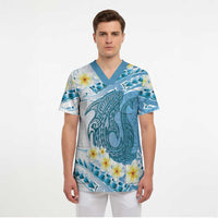 Blue Hawaii Shark Tattoo Scrub Top Frangipani With Polynesian Pastel Version - Polynesian Pride