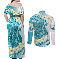 Turquoise Hawaii Shark Tattoo Couples Matching Off Shoulder Maxi Dress and Long Sleeve Button Shirt Frangipani With Polynesian Pastel Version