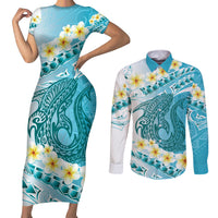 Turquoise Hawaii Shark Tattoo Couples Matching Short Sleeve Bodycon Dress and Long Sleeve Button Shirt Frangipani With Polynesian Pastel Version LT14 Turquoise - Polynesian Pride