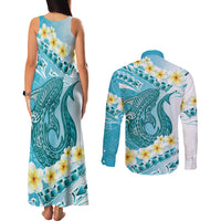 Turquoise Hawaii Shark Tattoo Couples Matching Tank Maxi Dress and Long Sleeve Button Shirt Frangipani With Polynesian Pastel Version LT14 - Polynesian Pride
