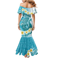 Turquoise Hawaii Shark Tattoo Family Matching Mermaid Dress and Hawaiian Shirt Frangipani With Polynesian Pastel Version