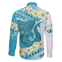Turquoise Hawaii Shark Tattoo Family Matching Off Shoulder Short Dress and Hawaiian Shirt Frangipani With Polynesian Pastel Version