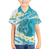 Turquoise Hawaii Shark Tattoo Family Matching Puletasi and Hawaiian Shirt Frangipani With Polynesian Pastel Version LT14 Son's Shirt Turquoise - Polynesian Pride
