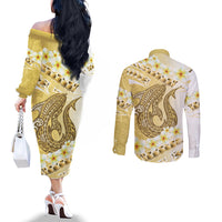 Gold Hawaii Shark Tattoo Couples Matching Off The Shoulder Long Sleeve Dress and Long Sleeve Button Shirt Frangipani With Polynesian Pastel Version LT14 - Polynesian Pride