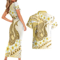 Gold Hawaii Shark Tattoo Couples Matching Short Sleeve Bodycon Dress and Hawaiian Shirt Frangipani With Polynesian Pastel Version