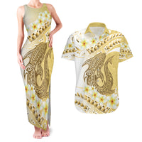 Gold Hawaii Shark Tattoo Couples Matching Tank Maxi Dress and Hawaiian Shirt Frangipani With Polynesian Pastel Version LT14 Gold - Polynesian Pride