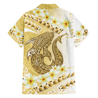 Gold Hawaii Shark Tattoo Family Matching Tank Maxi Dress and Hawaiian Shirt Frangipani With Polynesian Pastel Version