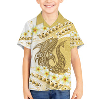 Gold Hawaii Shark Tattoo Family Matching Tank Maxi Dress and Hawaiian Shirt Frangipani With Polynesian Pastel Version
