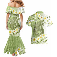 Green Hawaii Shark Tattoo Couples Matching Mermaid Dress and Hawaiian Shirt Frangipani With Polynesian Pastel Version LT14 - Polynesian Pride