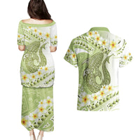 Green Hawaii Shark Tattoo Couples Matching Puletasi and Hawaiian Shirt Frangipani With Polynesian Pastel Version
