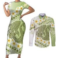 Green Hawaii Shark Tattoo Couples Matching Short Sleeve Bodycon Dress and Long Sleeve Button Shirt Frangipani With Polynesian Pastel Version LT14 Green - Polynesian Pride