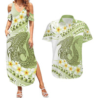Green Hawaii Shark Tattoo Couples Matching Summer Maxi Dress and Hawaiian Shirt Frangipani With Polynesian Pastel Version LT14 Green - Polynesian Pride