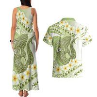 Green Hawaii Shark Tattoo Couples Matching Tank Maxi Dress and Hawaiian Shirt Frangipani With Polynesian Pastel Version LT14 - Polynesian Pride