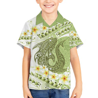 Green Hawaii Shark Tattoo Kid Hawaiian Shirt Frangipani With Polynesian Pastel Version