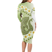 Green Hawaii Shark Tattoo Long Sleeve Bodycon Dress Frangipani With Polynesian Pastel Version
