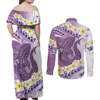 Purple Hawaii Shark Tattoo Couples Matching Off Shoulder Maxi Dress and Long Sleeve Button Shirt Frangipani With Polynesian Pastel Version LT14 - Polynesian Pride