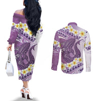 Purple Hawaii Shark Tattoo Couples Matching Off The Shoulder Long Sleeve Dress and Long Sleeve Button Shirt Frangipani With Polynesian Pastel Version LT14 - Polynesian Pride