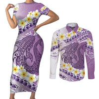 Purple Hawaii Shark Tattoo Couples Matching Short Sleeve Bodycon Dress and Long Sleeve Button Shirt Frangipani With Polynesian Pastel Version LT14 Purple - Polynesian Pride