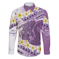 Purple Hawaii Shark Tattoo Family Matching Off Shoulder Short Dress and Hawaiian Shirt Frangipani With Polynesian Pastel Version