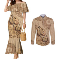 Brown Bula Fiji Couples Matching Mermaid Dress and Long Sleeve Button Shirt Fijian Dance Fan Tapa Cloth Pattern LT14 Brown - Polynesian Pride