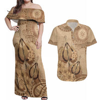 Brown Bula Fiji Couples Matching Off Shoulder Maxi Dress and Hawaiian Shirt Fijian Dance Fan Tapa Cloth Pattern LT14 Brown - Polynesian Pride